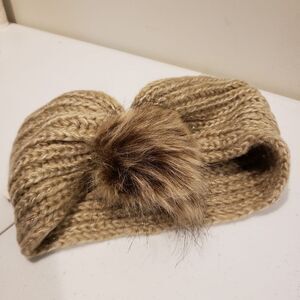 New Tan Knit Headband with Faux Fur Pom